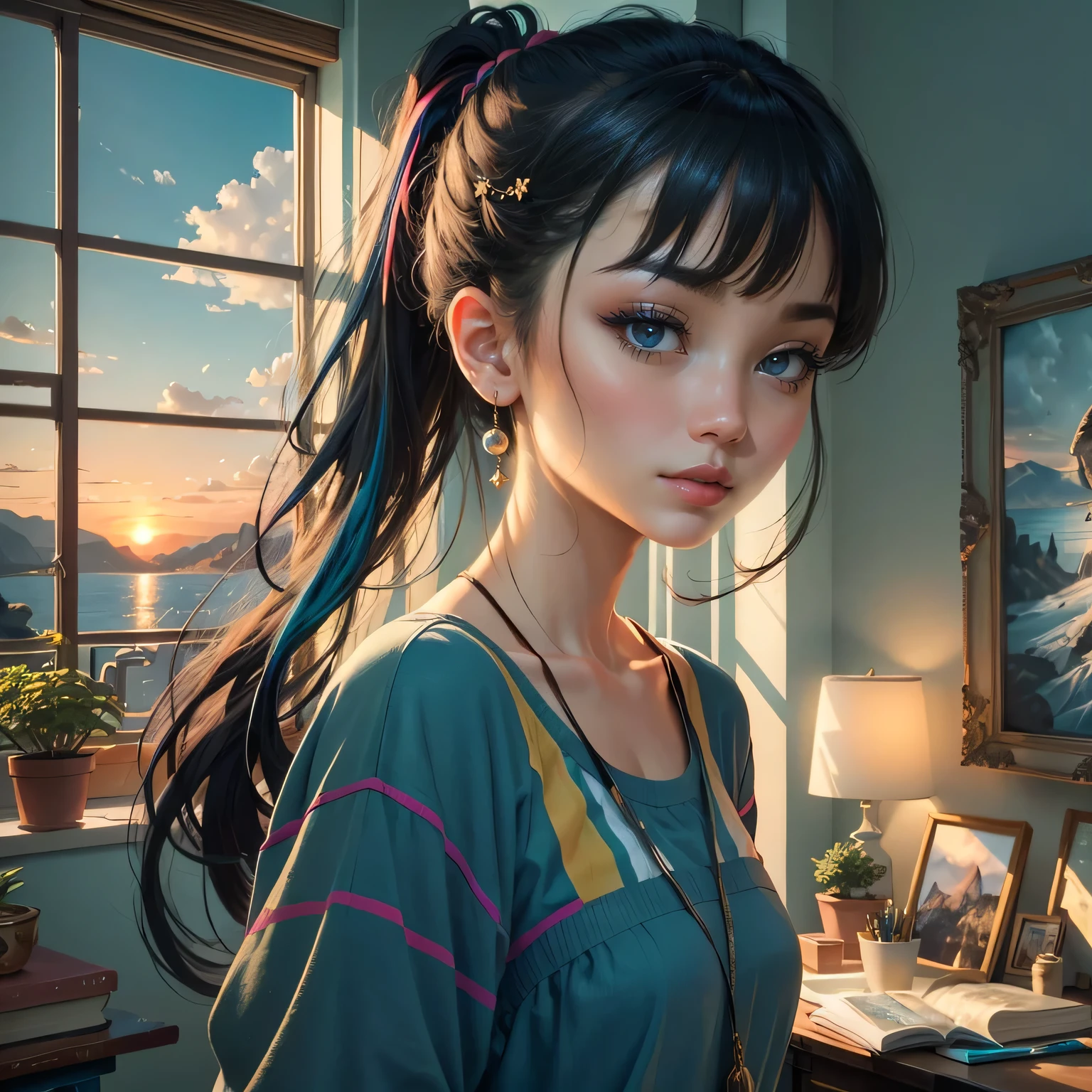 Studio apartment, huge room, Cozy artist's studio, Cute Beautiful Girl、A cute character who wears a mini skirt. Cute Ponytail, highest quality、High resolution、detailed background、(detailed face:1.4)、beautiful and smooth skin, (portrait shot:1.3), easel, color palette, acrylic paints, paintings, large windows, loggia, art, awards, table, sofa, armchairs, mirror, crystals, meditation, harmony, many books on the walls, paintings on the walls, view from the window, sea, mountains, amazing sunset, flower arrangements, paints, brushes, artist's theme, elegant, dynamic bright lighting, happiness, full color, multicolored, artificial, higher detail, super quality, small details, highlights, neon lights, masterpiece, best colors