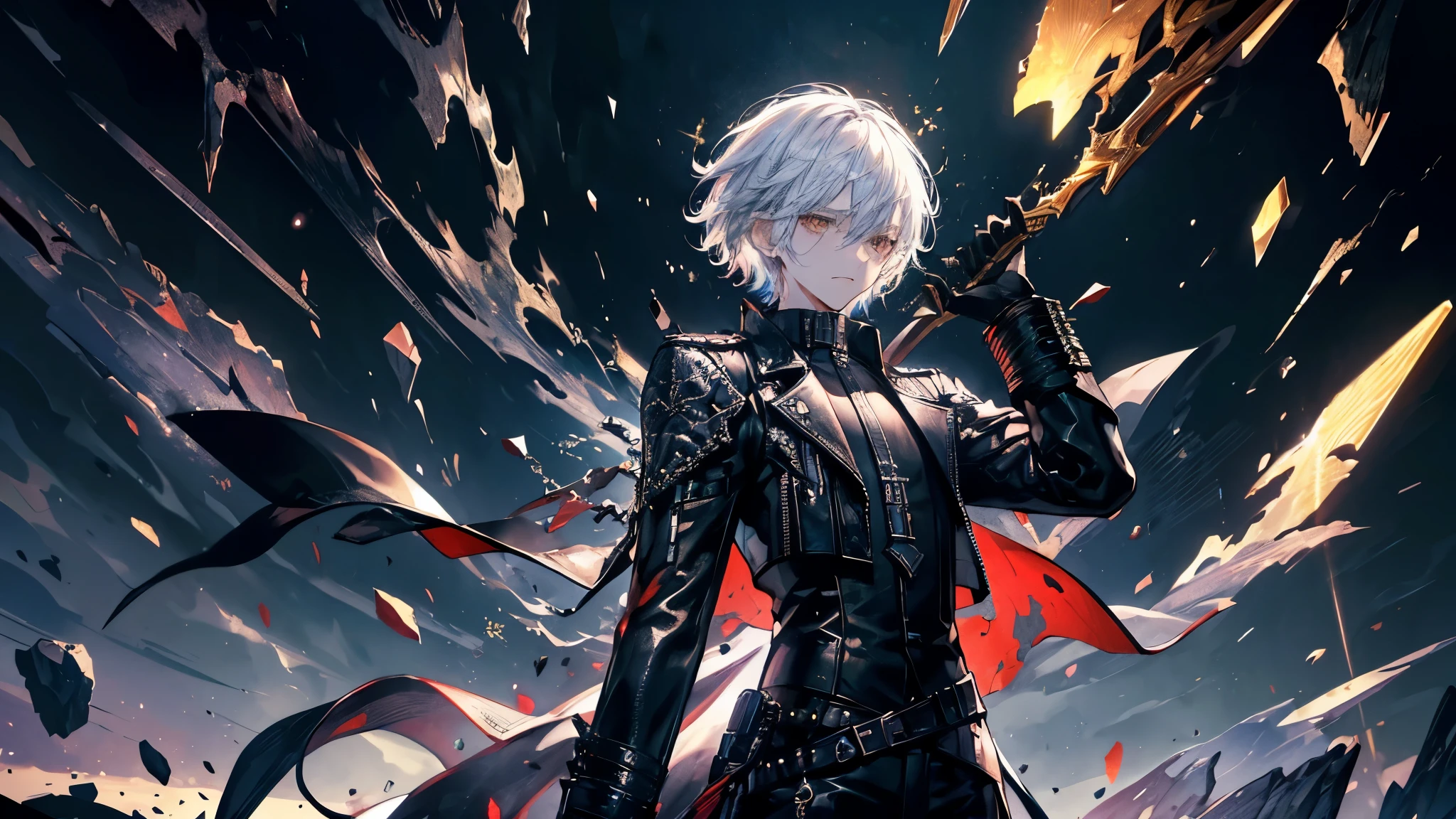 Handsome man, 1 male, ************, teenager, Golden lining, Short white hair, Flat Cut Hair, Sharp eyes, Golden Eyes, The devil may cry, close, Calm expression, stoic, Black leather clothing, Black jacket, Black gloves, Upper Body, View your viewers, Cowboy Shot, Black Dragon Background