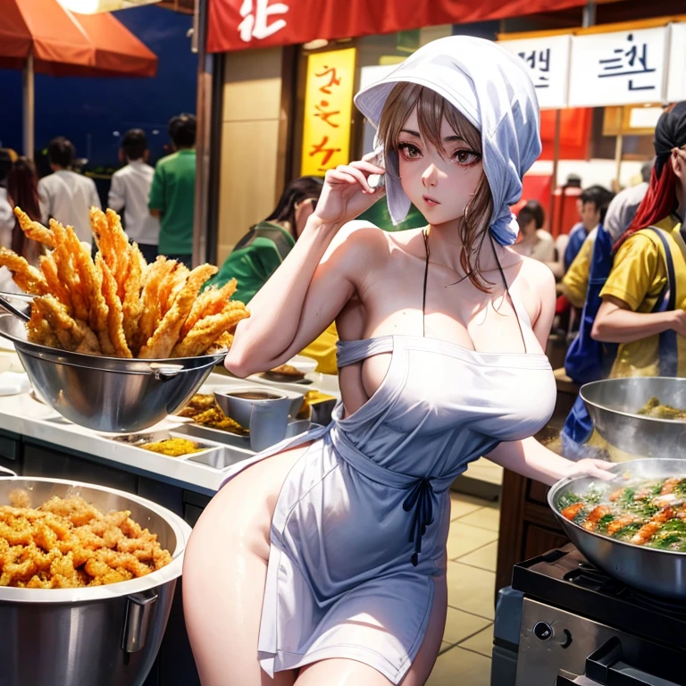 A woman with a towel wrapped around her head making a large amount of tempura at a Korean night market highest quality Wearing an apron