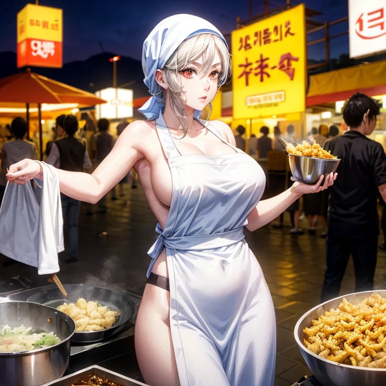 A woman with a towel wrapped around her head making a large amount of tempura at a Korean night market　highest quality　Wearing an apron