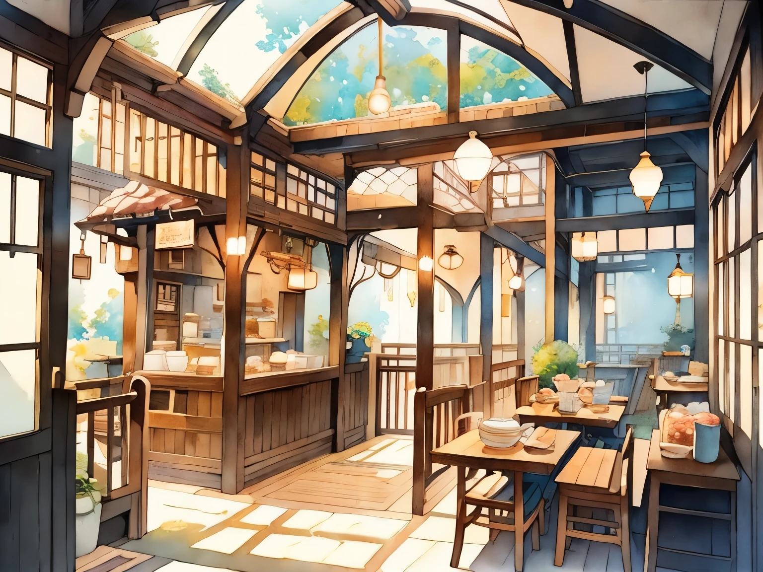 Coffee shop scenery decorated with cakes and cookies, Studio Ghibli, Soft light and shadow