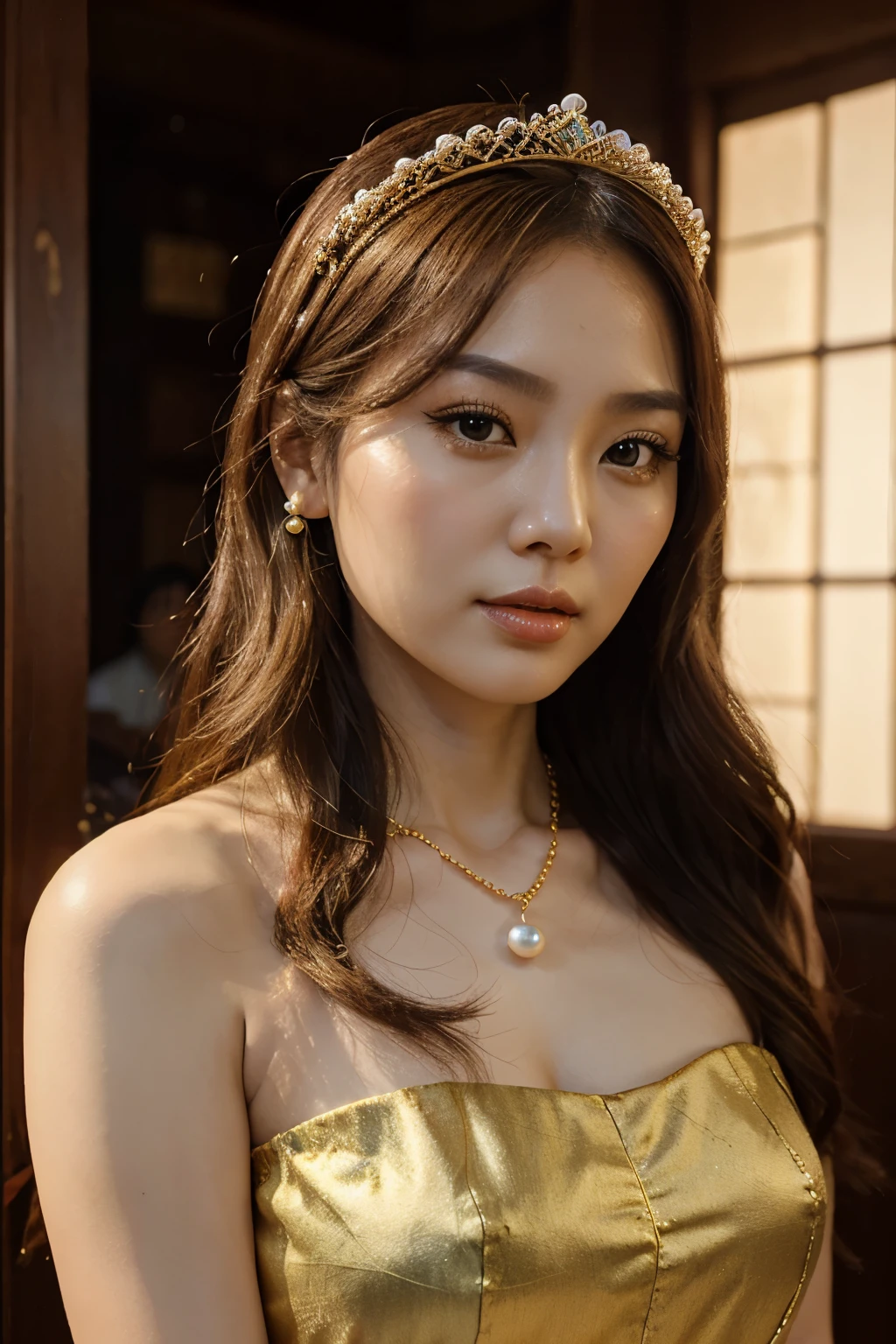 There is a woman in jeongsam, 27 years, 28 years, 29 years, 32 years, Delicate makeup, Ye Wen, 23 years old, round face, sweet liana, golden tiara, Pearl necklace, jade hair clip