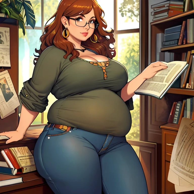 (masterpiece), (best quality), realistic, pudgy hippie, curvy body, glasses, bell bottom jeans, book in hand, looking at viewer, close to viewer