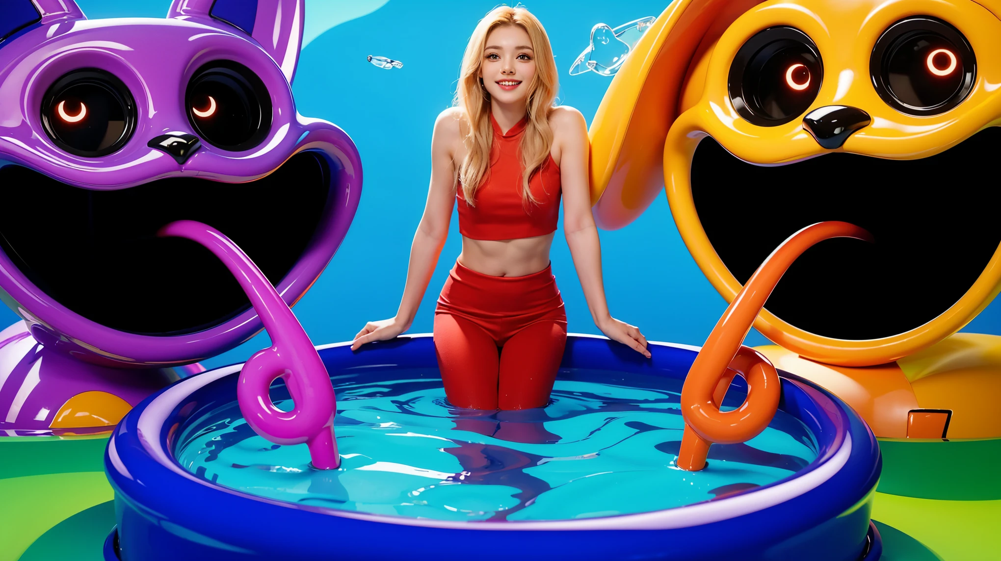 The image depicts three houses made of fish tails, sitting on the ocean floor. The left house is green, the middle one is purple, and the right one is orange. 3d underwater world algae sand. The image depicts a 3D rendered illustration of a boy and a girl with their hands shaped in the shape of a heart. They are both smiling and have red hair. The background is blue. cartoon characters stand next to each other, Electricsbunny, Holographic creatures, Beeple and Jeremiah Ketner, 🐋 as 🐘 as 🤖 as 👽 as 🐳, matte, Rabbids, cute 3D rendering, 3D icon for mobile game, robot rabbit, Shiny metallic, 3D персонажи violet cat toy, toy cat laying on glossy , glossy texture, smooth 3d model, multiple light sources, rim light, sharp post effects render, (glossy big light probe refractions), perfect cgi, cgi art created only with gradients, smooth silhouette, high intensity refraction, (metalic), most beautiful vfx, blue background