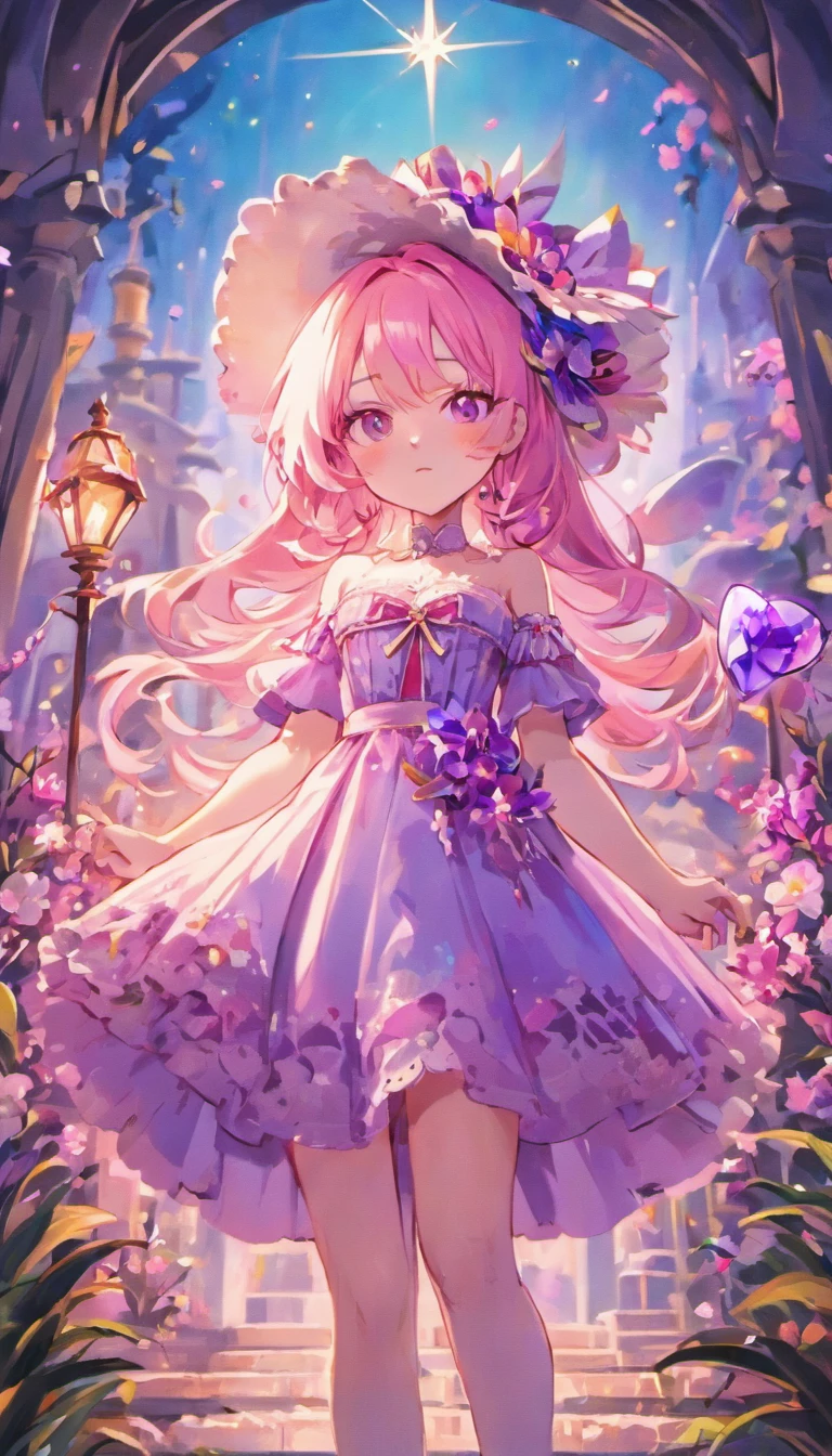 illustration，tilt shift lens，full body shot，Pink, purple and white witch，Wearing a large sunhat made of white lace，Decorated with flowers and butterfly wings，Looking at the camera with mysterious purple eyes，Wearing very beautiful lolita clothes，Off-shoulder，Ears with pink crystal earrings，hands holding lavender bouquet，in the botanical garden，night