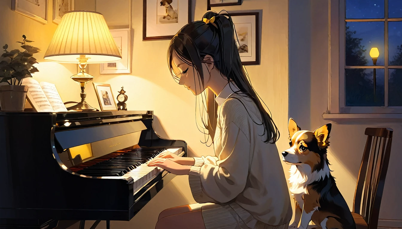 A dusk,
A girl sits in a cozy corner, draw a piano.
The soft yellow light of a desk lamp illuminates her thoughtful expression, revealing deep concentration and a calm posture.
Her gentle gaze is comforting.
It adds to the quiet evening atmosphere, creating a peaceful and tranquil look,with Papillon the dog.

