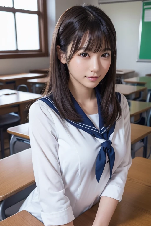 (((Tabletop, highest quality, High resolution)))), Extremely detailed 8K, Beautiful girl with slim body, (Ultra HD, Very detailed, Very detailed, Very realistic, Ultra-realistic, Photo Real), (One girl:1.5), High school classroom，Beautiful Japanese Woman, Medium length hair, Gazing into the distance, profile, (Medium Breast: 1.2), (Beautifully detailed face, Beautiful fine details), Sailor suit，A light smile