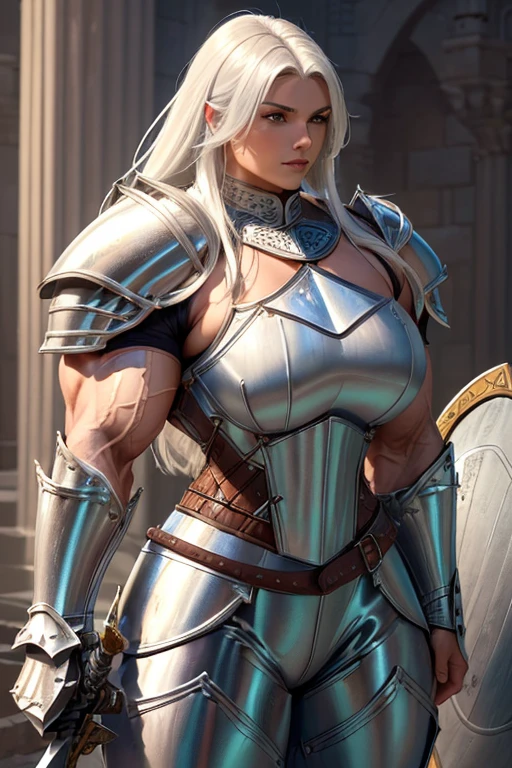 ((((Massive, tall, beautiful, buff, muscular brown skinned female knight with white hair, ginormous bulky muscles, holding a sword and shield and wearing an all white gleaming knight armor with hauberk and pants)))), (close view), black eyeliner, massive muscles, massive biceps, hyper muscle triceps, (long straight hair), blue eyes, knight boots, In a castle, hauberk, steel knight armor, armor breastplate, nighttime, confident smile, (hyper muscles arms), hyper muscle legs, (ginormous arms))