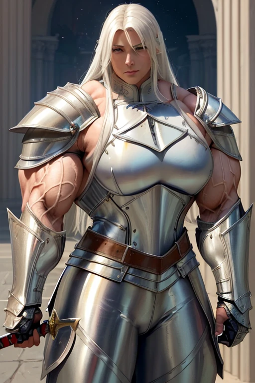 ((((Massive, tall, beautiful, buff, muscular brown skinned female knight with white hair, ginormous bulky muscles, holding a sword and shield and wearing an all white gleaming knight armor with hauberk and pants)))), (close view), black eyeliner, massive muscles, massive biceps, hyper muscle triceps, (long straight hair), blue eyes, knight boots, In a castle, hauberk, steel knight armor, armor breastplate, nighttime, confident smile, (hyper muscles arms), hyper muscle legs, (ginormous arms))