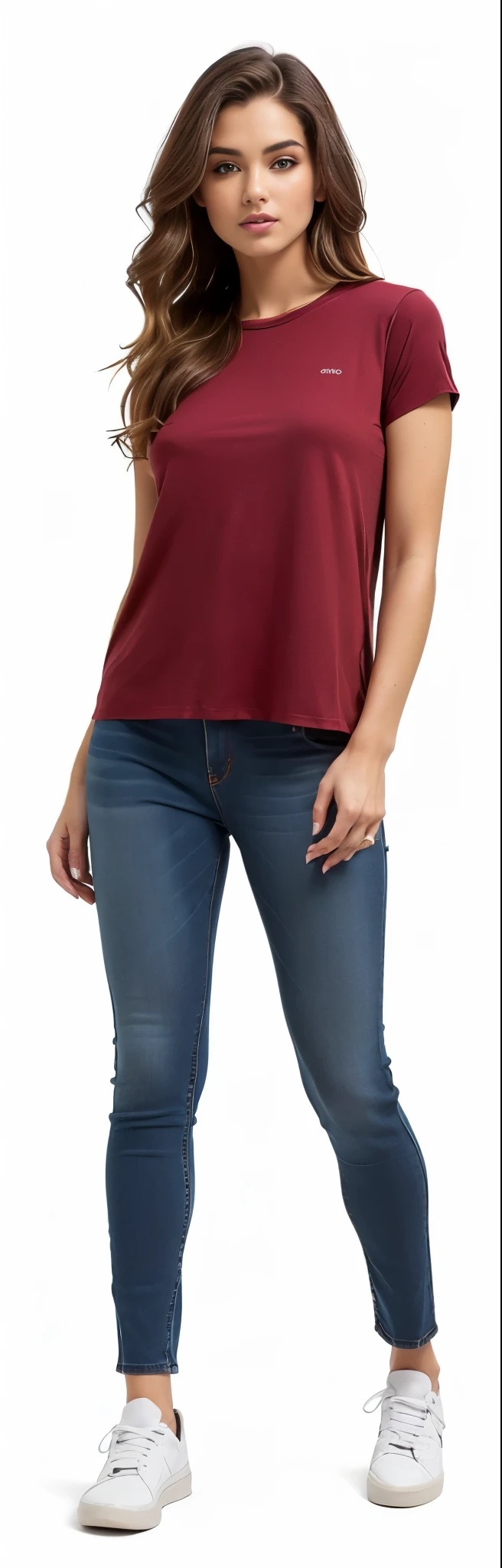 uma mulher com blusa marrom e jeans posando para uma foto, jeans e camiseta, jeans, vestindo uma camisa e um jeans, perto de um magro, Camiseta vermelha brown pants, jeans, wearing pants and t-shirt, Camisa vermelha, vestindo uma camiseta muscular, cintura fina e quadris grossos, halter neck, camisa apertada, Camiseta vermelha