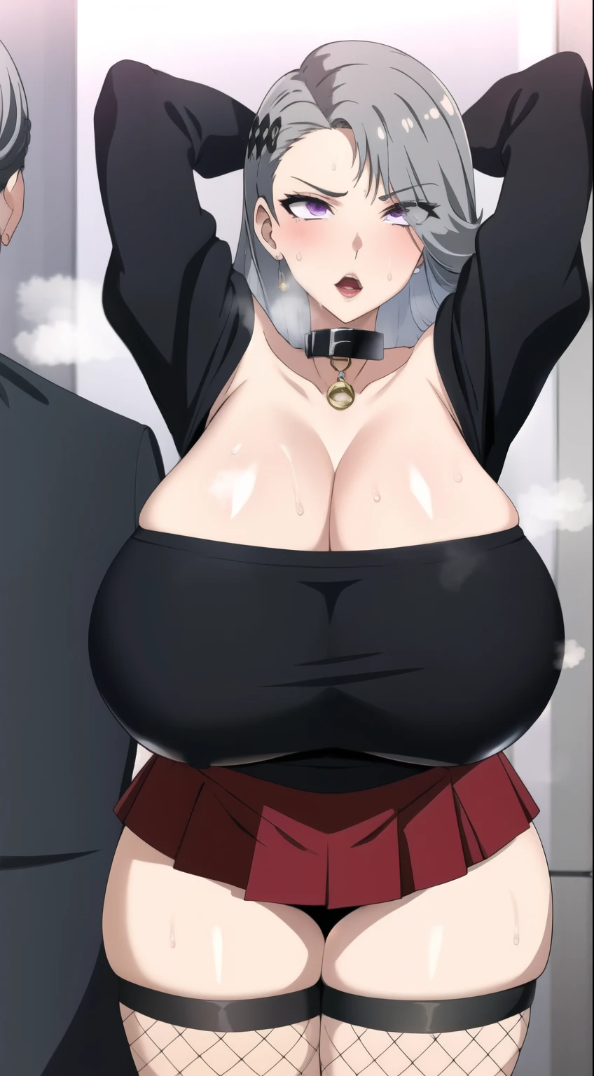 masterpiece, 1 girl, alone, Shortcuts, , Niijima Sae (persona 5)、Big Breasts, Mature Woman, Glare,Sharp eyes, Silver Hair、Lilac eyes, Empty Eyes LoRA / utsurome / Hypnotic suggestion,White off-shoulder sweater,Pink tight skirt, Pose standing thigh sex,Thick thighs, Hypnotic Pendulum,Hypnotic state,Hypnotic stateの目,squint,Open your mouth wide vertically,Oho face,Sweaty,Stuffy stuffiness,全身Sweaty,White off-shoulder sweater,I can see the valley,Put your arms behind your head,Stuffy stuffiness,Steaming, (Huge breasts:1.4), Putting on a collar,Fishnet tights