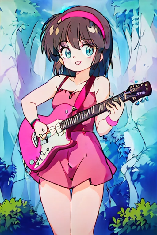 ((masterpiece, best quality)),1girl, solo, hairband, pink dress, red lips, mary janes ,white high tube socks, strumming the electric, guitar on a captivating neon stage, enchanting, upbeat, joyful, cute smile, muse, breathtaking, cute art, neon,