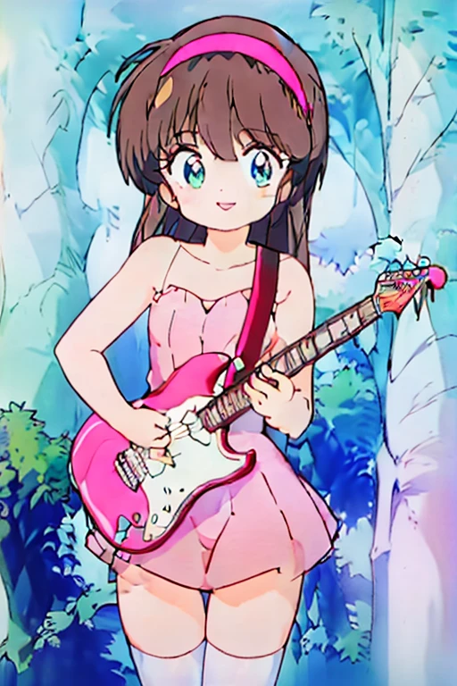 ((masterpiece, best quality)),1girl, solo, hairband, pink dress, red lips, mary janes ,white high tube socks, strumming the electric, guitar on a captivating neon stage, enchanting, upbeat, joyful, cute smile, muse, breathtaking, cute art, neon,