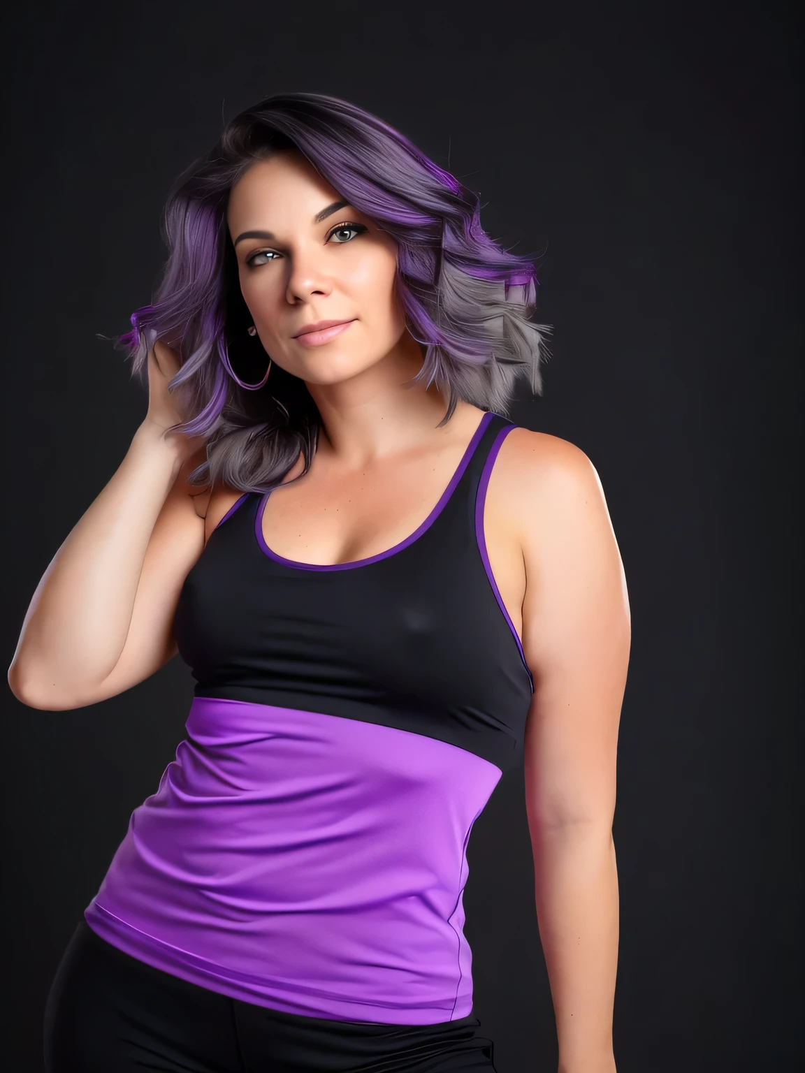 there is a woman in a purple shirt posing for a photo, 40-year-old woman, wearing a purple t-shirt, 40-year-old woman, sweating intensely, tired half closed, sweating, sweating a lot, sweating 4k, portrait photo, violet tight tank top, image of profile, sweaty face, 3/4 solo portrait, suitable photo, black background. She is wearing a vibrant purple-pink sports tank top and mixed shorts (((blue-gray-green-black))), suggesting an active lifestyle or athletic attire for working out. Sharp photo, high quality, high resolution (ultra quality masterpiece), Ultra HD, high contrast, 16K. Masterpiece: 1.3, high resolution, (photographically realistic), NUDE, NUDITY, NFSW.