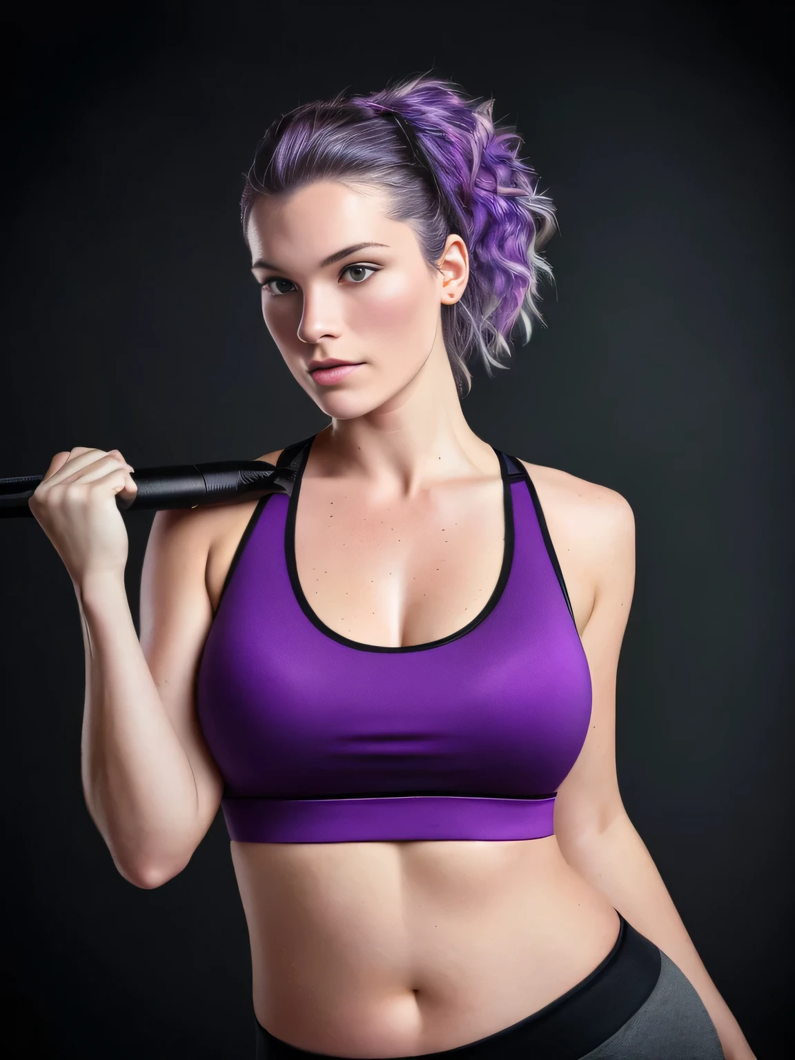 there is a woman in a purple shirt posing for a photo, 40-year-old woman, wearing a purple t-shirt, 40-year-old woman, sweating intensely, tired half closed, sweating, sweating a lot, sweating 4k, portrait photo, violet tight tank top, image of profile, sweaty face, 3/4 solo portrait, suitable photo, black background. She is wearing a vibrant purple-pink sports tank top and mixed shorts (((blue-gray-green-black))), suggesting an active lifestyle or athletic attire for working out. Sharp photo, high quality, high resolution (ultra quality masterpiece), Ultra HD, high contrast, 16K. Masterpiece: 1.3, high resolution, (photographically realistic), NUDE, NUDITY, NFSW.
