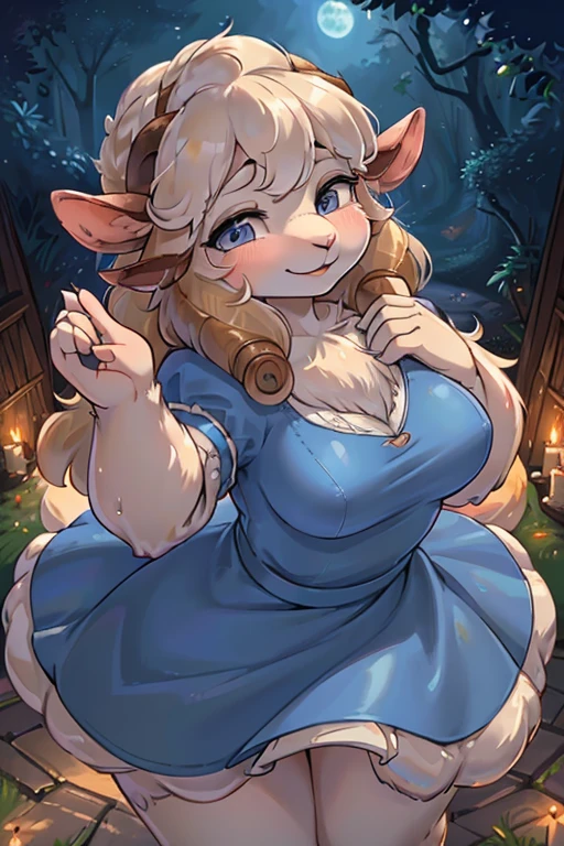 hairy sheep mom , (realistic hairy sheep fur:1.5) , round face , (tilt face:1.2) , (half-open eyes:1.5) , moist round eyes , Swollen cheeks , Seduction smile , glossy lips , Curly hair , princess dress , Alice in Wonderland , twilight , Adorable gestures , dynamic angle , nag factor , Gently guide , labyrinth , can not stand it any longer