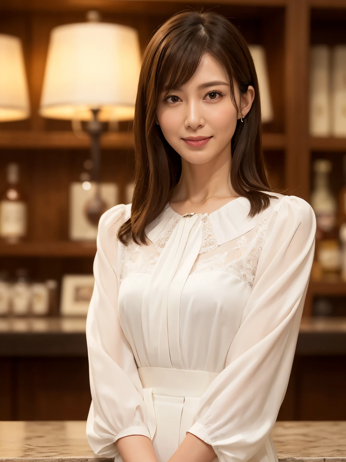 highest quality, Realistic, Surreal, highest quality, Extremely detailed CG, Very delicate and beautiful, 8k wallpaper, High resolution, Modern city hotel bar, (Dim lighting), Elegant Japan woman, Age 37, ((whole body)), ((I々stand facing)), (White blouse), (Shapely breasts), Big Breasts, (Red long skirt), Medium Hair, (Straight Hair), smile, Thin lips, slim, Small breasts, (Highly detailed face), (Highly detailed facial expressions)