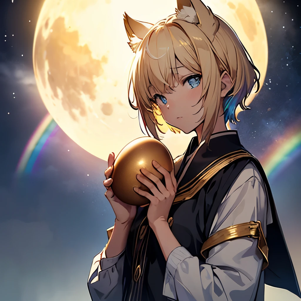 High resolution,(rainbow in the starry sky:1.2), (A girl holds a detail golden egg with both hands),detailed black sailor uniform, detailed wide open blue eyes, beautiful short gold hair, Cat ear,moon