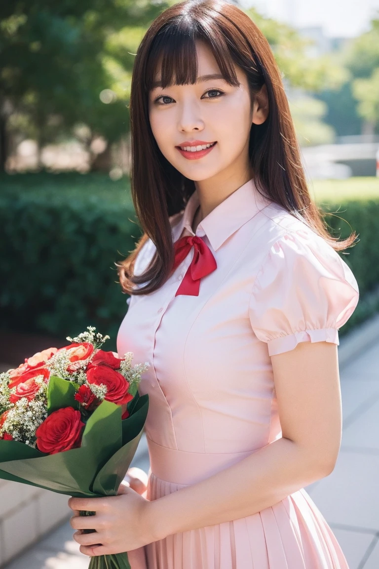 Medium display, Medium Shot, Depth of written border, bust, Upper Body, Movie angle, masterpiece, highest quality, Very detailed, CG, 8k wallpaper, Beautiful Face, Delicate eyes, Otome, alone, smile, bangs, skirt, shirt, have, Crimson Dress, bow, petal, bouquet