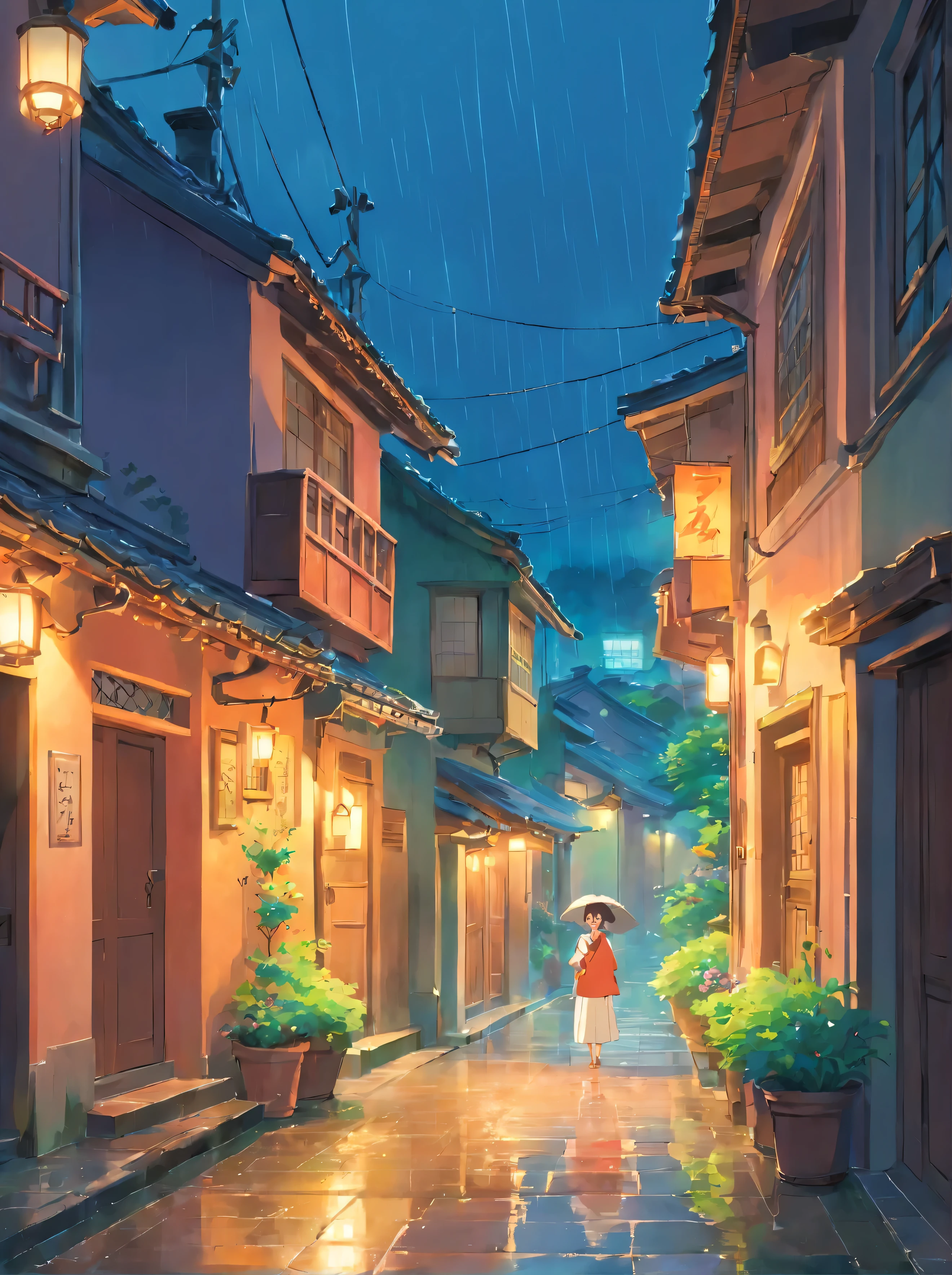 (tmasterpiece)，(Best Picture Quality)，8k，Highly delicate，Super meticulous，A village soaked by torrential rain，(downpours)，(Tranquil and mysterious)，Sneaky shadows，Everywhere，((stillness))。