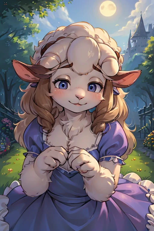 hairy sheep mom , (realistic hairy sheep fur:1.5) , round face , (tilt face:1.2) , (half-open eyes:1.5) , moist round eyes , Swollen cheeks , Seduction smile , glossy lips , Curly hair , princess dress , Alice in Wonderland , twilight , Adorable gestures , dynamic angle , nag factor , Gently guide , labyrinth , can not stand it any longer