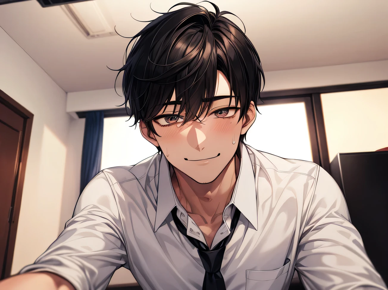 ,Angle from below,male, 30 years old,male1 person、boss,Adult,Adult,Black Hair,Shirt and tie,Unbuttoned,The eyes are brown,Face close-up,sweating,,smile,Background: Apartment room,