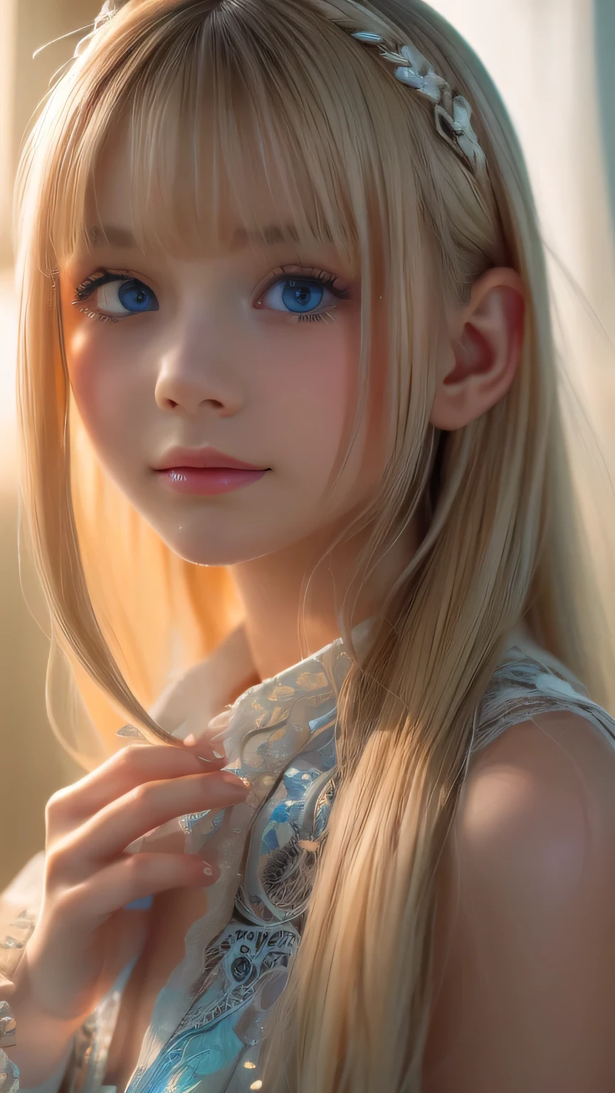 night, Raw photo, (((Very beautiful portrait))), (Glowing Skin)), 1 girl, 16 year old beautiful girl from Prague, (((Natural platinum blonde hair)), [Bright Blue Eyes], Super long hair, eyeliner, Fluttering Hair, bangs over eyes、Vibrant, ((masterpiece, 最high quality, Ultra Detail, Cinematic Light, Intricate details, High resolution, 8K, Very detailed)), Detail Background, 8K uhd, Digital single-lens reflex camera, Soft lighting, high quality, Film Grain, Fujifilm XT3, Shallow depth of field, Natural light, (Perfect hands), Perfect Face, View from afar、Small Face Beauty、