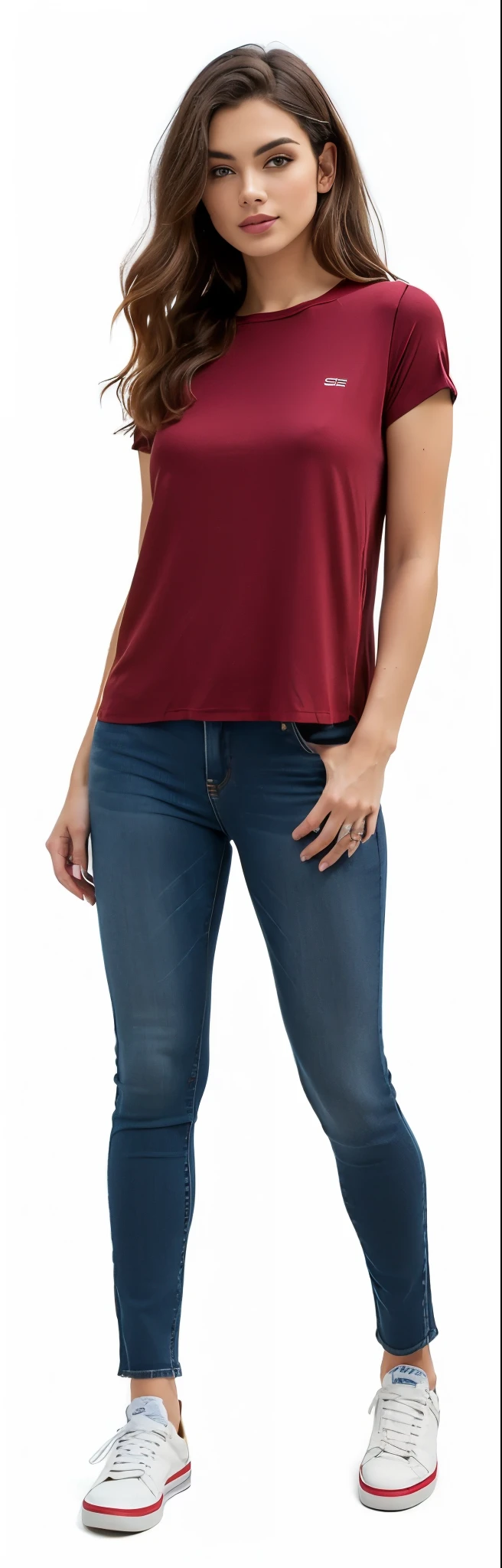 uma mulher com blusa marrom e jeans posando para uma foto, jeans e camiseta, jeans, vestindo uma camisa e um jeans, perto de um magro, Camiseta vermelha brown pants, jeans, wearing pants and t-shirt, Camisa vermelha, vestindo uma camiseta muscular, cintura fina e quadris grossos, halter neck, camisa apertada, Camiseta vermelha