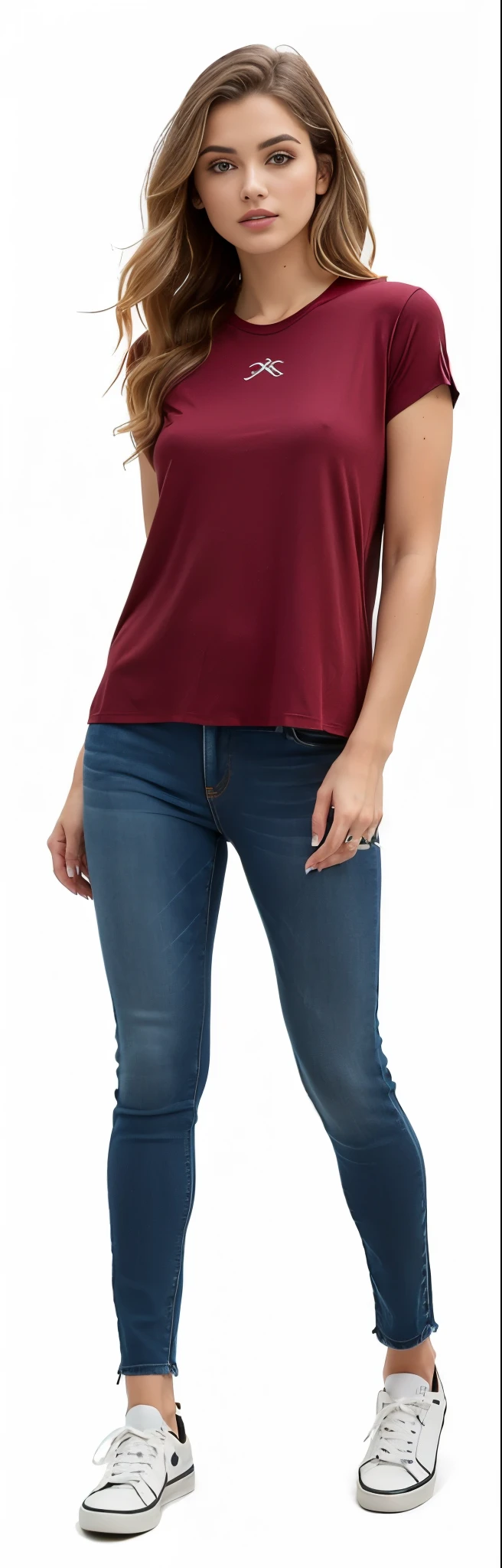 uma mulher com blusa marrom e jeans posando para uma foto, jeans e camiseta, jeans, vestindo uma camisa e um jeans, perto de um magro, Camiseta vermelha brown pants, jeans, wearing pants and t-shirt, Camisa vermelha, vestindo uma camiseta muscular, cintura fina e quadris grossos, halter neck, camisa apertada, Camiseta vermelha