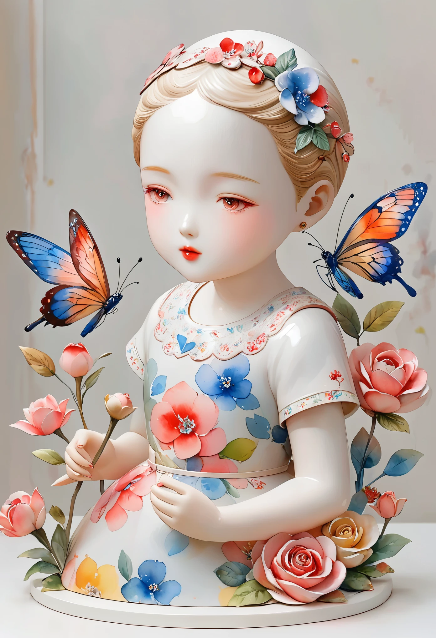 (masterpiece, best quality:1.2) ，Artistic statues，3D Sculpture，Ceramic dolls，Watercolor pattern， whole body（8k）