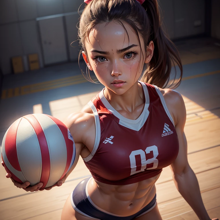 (Digital Painting),(Best Quality), 1girl in,Volleyball uniform,Cute face,Trained shredded veiny abs, heavily muscled legs, wet skins sweat,Volleyball Venues,Dramatic light,from above