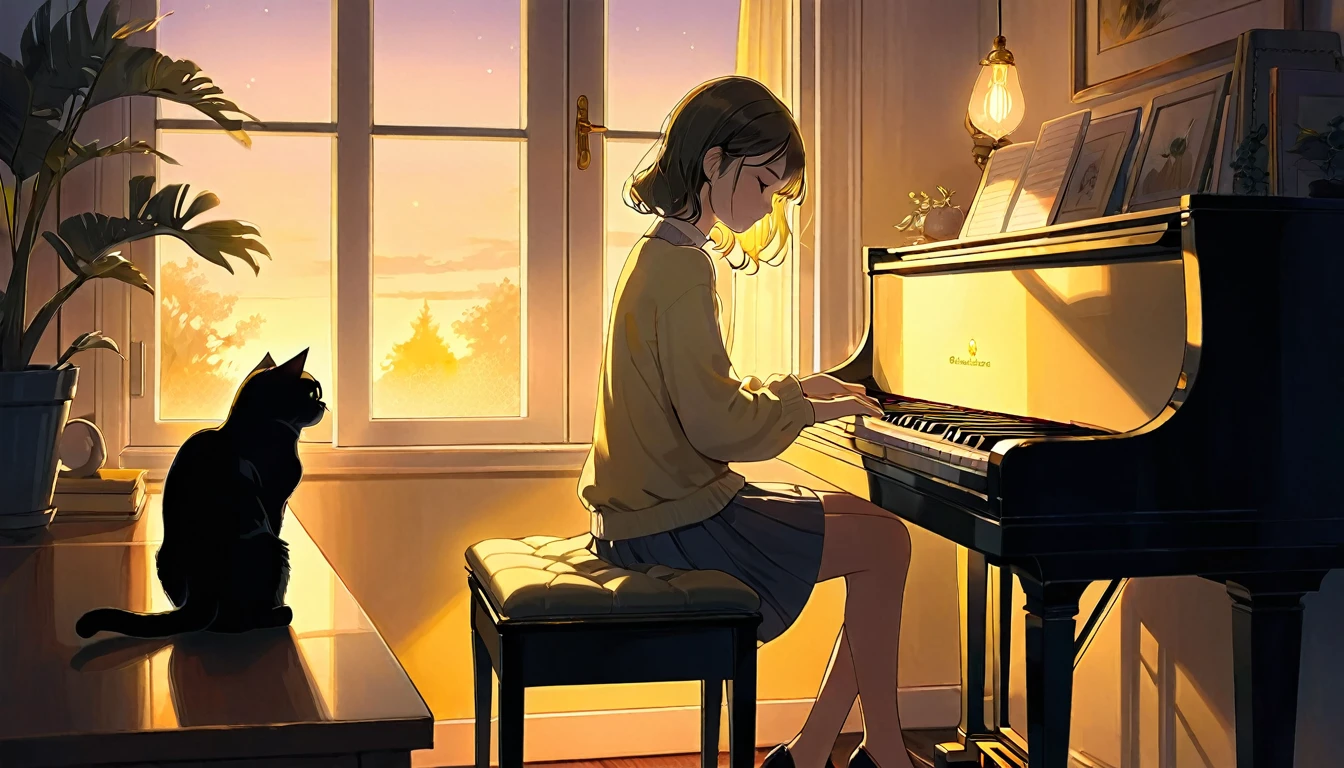 A dusk,
A girl sits in a cozy corner, draw a piano.
The soft yellow light of a desk lamp illuminates her thoughtful expression, revealing deep concentration and a calm posture.
Her gentle gaze is comforting.
It adds to the quiet evening atmosphere, creating a peaceful and tranquil look,with cat.
