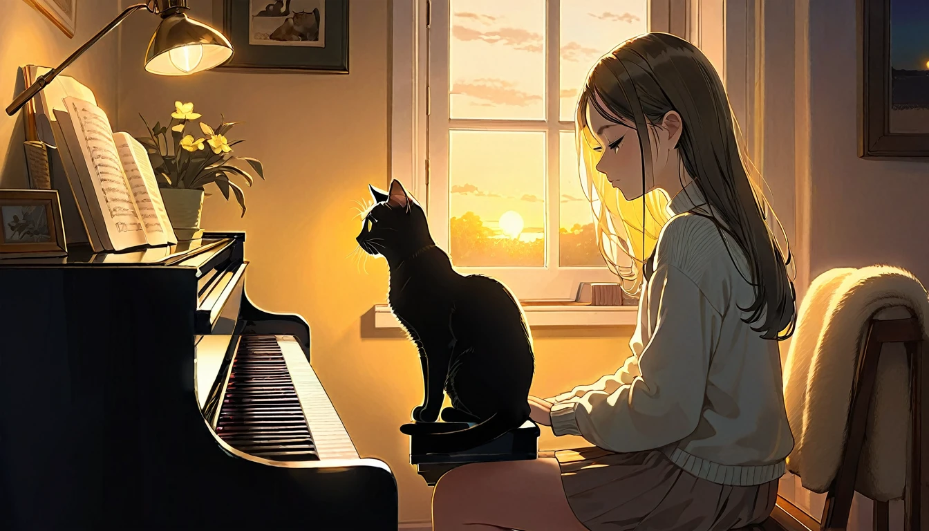 A dusk,
A girl sits in a cozy corner, draw a piano.
The soft yellow light of a desk lamp illuminates her thoughtful expression, revealing deep concentration and a calm posture.
Her gentle gaze is comforting.
It adds to the quiet evening atmosphere, creating a peaceful and tranquil look,with cat.
