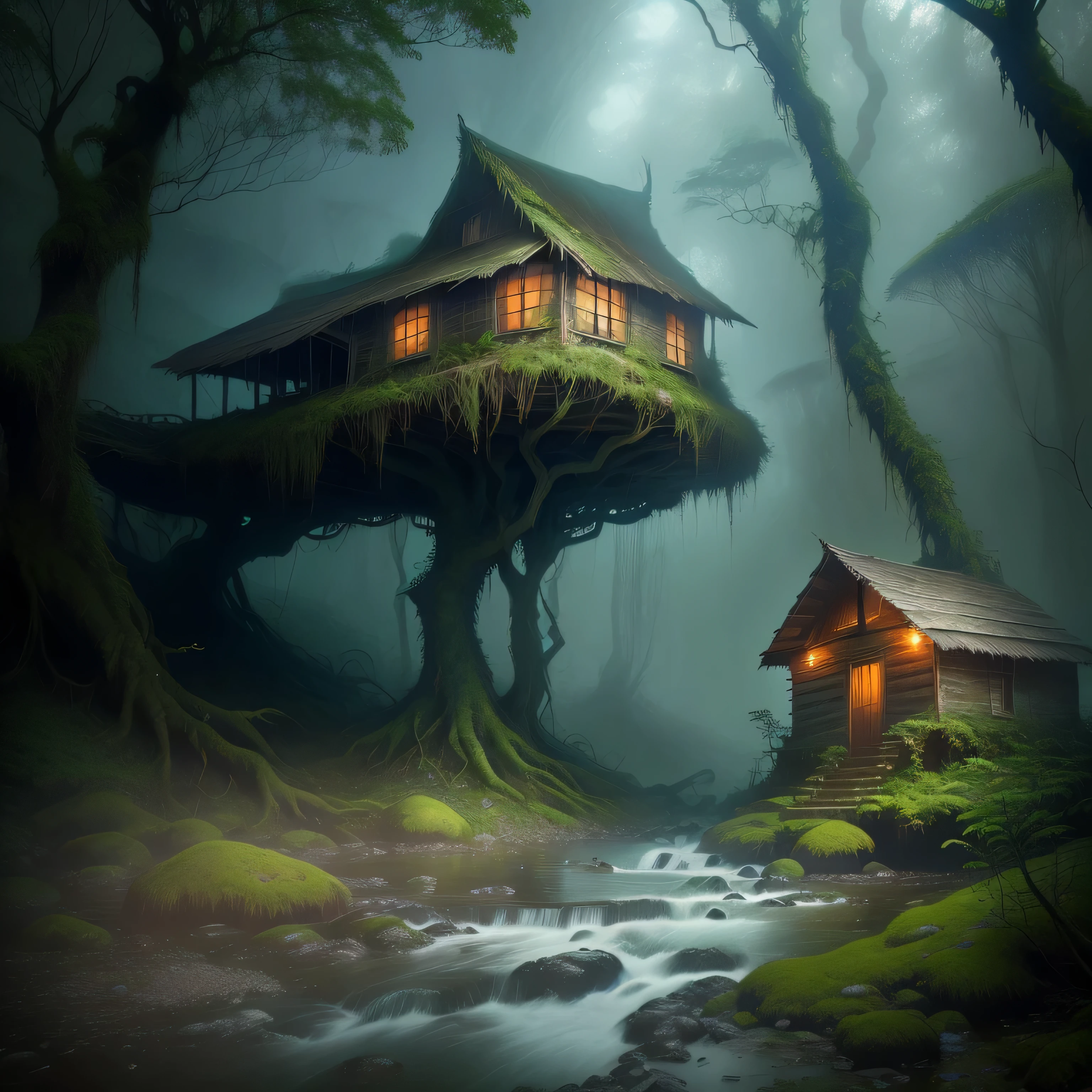 Magical Forest, Lots of rain,A dilapidated hut on a rocky shore, Abandoned, Overgrown, Mossy, Clear river, wealthy, Mysterious, Fantasy, anthill