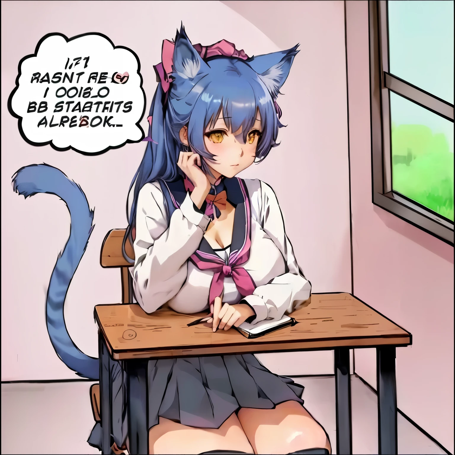 anime girl sitting at a desk with a cat on her head, anime catgirl, attractive cat girl, catgirl, cute anime catgirl, nekomimi, anime cat, cat girl, very beautiful anime cat girl, beautiful anime catgirl, typical anime classroom, beautiful young catgirl, anime girl with cat ears, sat at her desk, colored manga panel