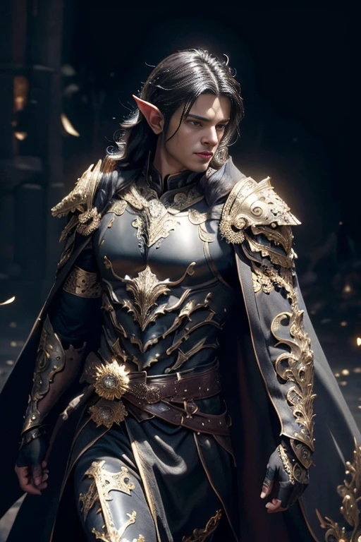 (master piece:1.5), (best quality:1.5), (exquisite lighting and shadow, highly dramatic picture, cinematic lens effect) (Photorealistic picture) highly detailed, realistic, cinematic lighting, studio quality, 8k, wallpaper, dynamic pose, anatomy correct, epic fantasy digital art, Epic composition, long dark black hair pale Male elf swordsman wearing a black leather armor, black intricate elaborated plate chest with gold leaf accents small shoulder black armor with gold leaf ornaments, black plate gauntlets with gold leaf ornaments, no helmet, long black cape with gold ornaments, dark night background, castle at the distance
