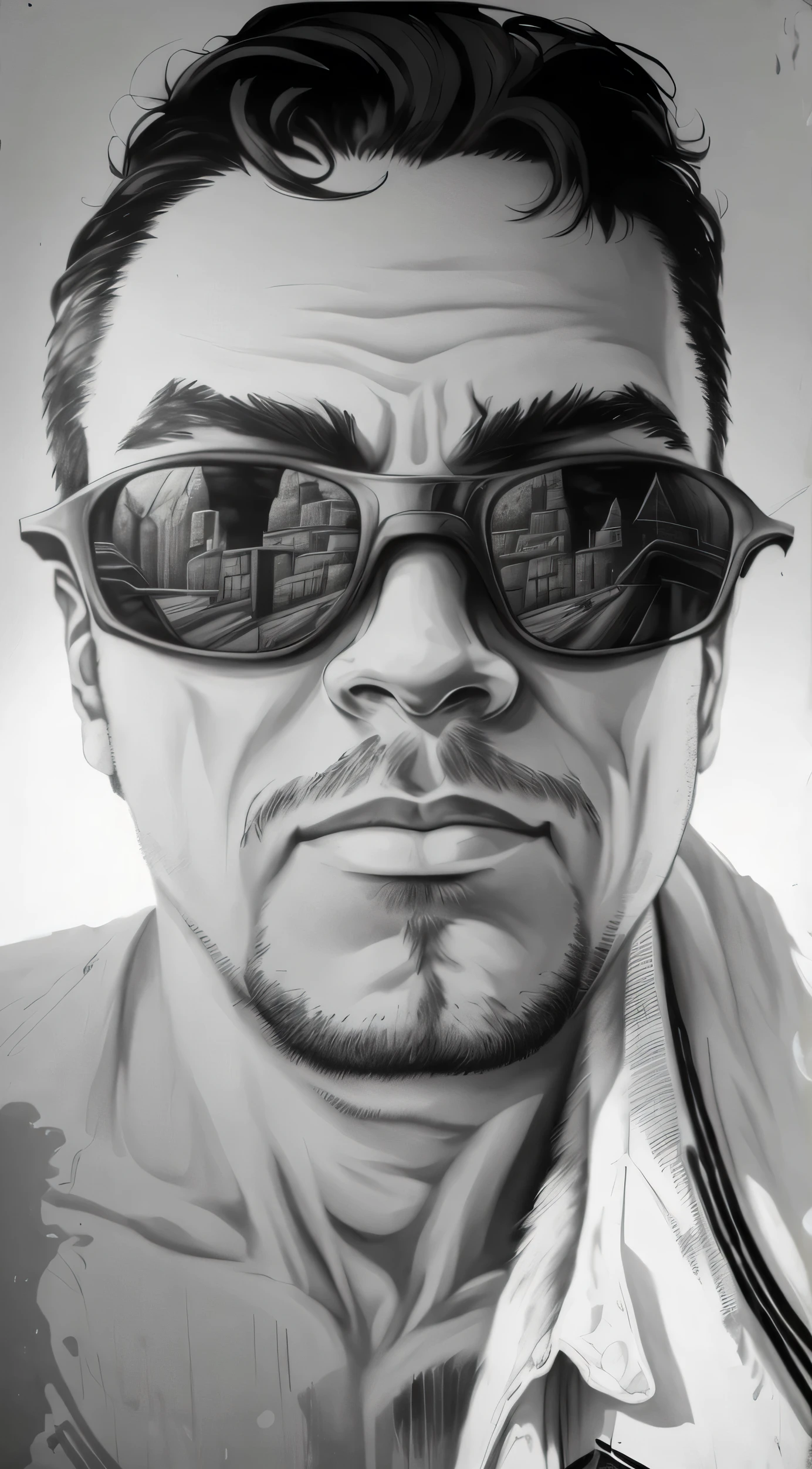 photographic realism, obra-prima, muro pela rua, Grafite na parede, man face wearing sunglasses on graffiti background, colorido, bom humor 