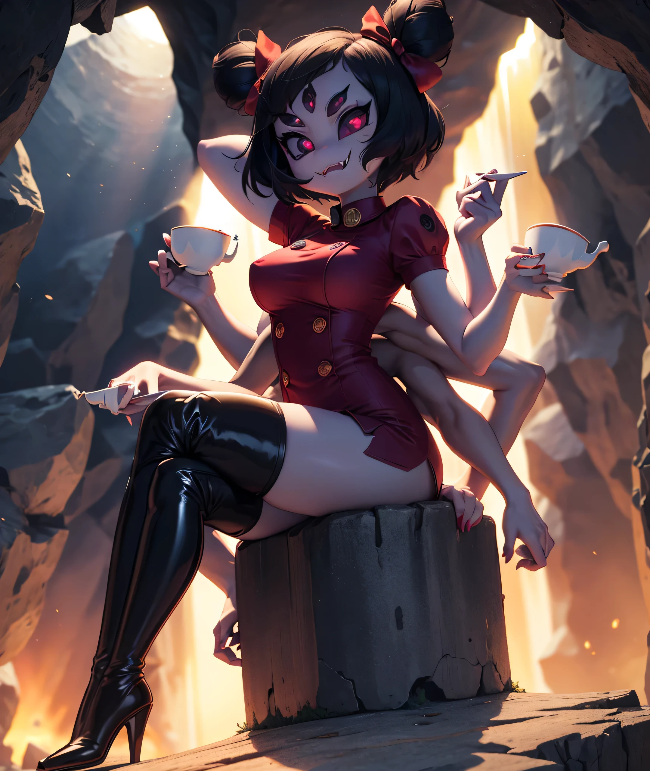 [muffet_(undertale)], [uploaded to e621.net; (napalm_express), (iseenudepeople)], ((masterpiece)), ((HD)), ((High definition)), ((detailed shading)), ((solo portrait)), ((full body)), ((front view)), ((beautiful render art)), ((monster girl)), ((cinematic lighting)), {(spider girl); purple skin, glowing red eyes, 5 eyes, black hair, (2 hair buns), (6 arms), (sharp claws), (excited expression)}, {(red rompers), (buttons), (black knee high heel boots)}, {(walking), (holding teacup)}, [Background; (cave:1.2), (webs), (dark lighting), (spiders)], upskirt, pussy, anal dildo sitting 
