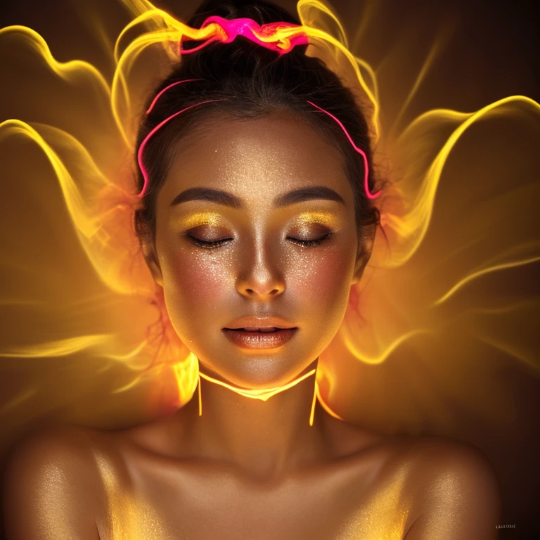 black and white raw photo, close up of a woman's surrounded by a string of lights, glowing face, glowing pink face, glowing from within, gold glow, glowing golden aura, glowing amber, she has a glow coming from her, gold ethereal light, light falling on face, ethereal glow, glowing aesthetic, glowing details, glowing magical shiny skin, glowing with magic, made of glowing oil, glowing
