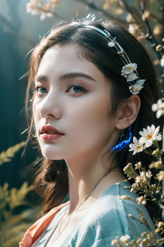 ( masterpiece, top quality, best quality,8k,17 years old girl,ultra detailed,raw photo:1.5),(photorealistic:1.4), (cinematic lighting), PerfectNwsjMajic, , Surrealism, UHD, ccurate, Super detail, textured skin, High detail, Best quality, dynamic angle, White skin,[Beautiful blue eyes], high nose,[flat chest:large breasts:0.5],(1girl),((good anatomy:0.5)),(covered in flowers:1.4), night sky, interested in, fire and ice, (The image is divided into two，Available in a variety of colors:2), eyes blues, sapphire, liquid metal, night sky, (Look at an angle:1.3), (fire and ice), ((Lower chrome)), (hairpin:1.4), (forest:1.3), (fog: 1.3),  Subtle colors and tones, mystical aura ,dreamy atmosphere,expressive brush strokes, mystical ambiance, Artistic interpretation, upper body, long hair
