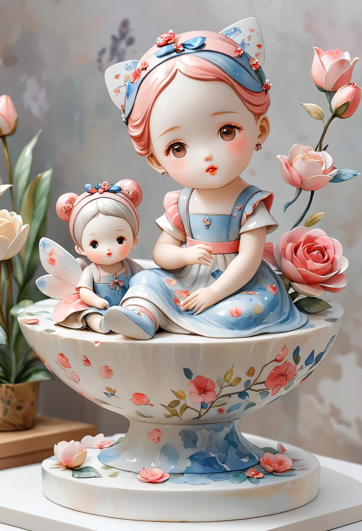 (masterpiece, best quality:1.2) ，Artistic statues，3D Sculpture，Ceramic dolls，Watercolor pattern， whole body（8k）