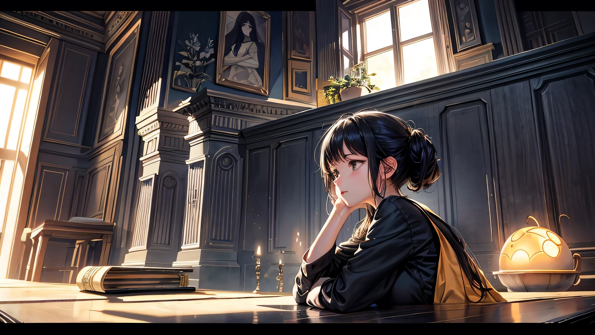 alone, Singular light, woman, face seen from the side, sideways, cosmic, fantsy, looking away:1.4, adult, busty, Ghibli-like design, living room, sitting, dark hair, studying, Completely, landscape orientation, side view, music