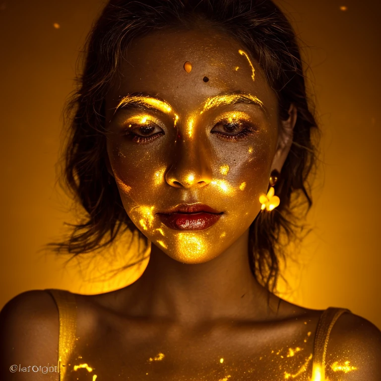 black and white raw photo, close up of a woman's surrounded by a string of lights, glowing face, glowing red face, glowing from within, gold glow, glowing golden aura, glowing amber, she has a glow coming from her, gold ethereal light, light falling on face, ethereal glow, glowing aesthetic, glowing details, glowing magical shiny skin, glowing with magic, made of glowing oil, glowing