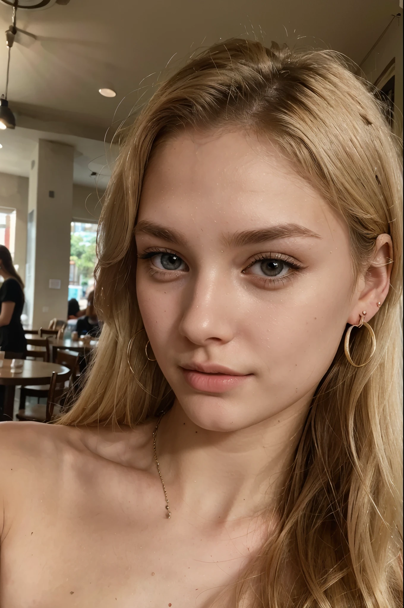 Photo of a 21-year-old blonde., he has a very natural face, Thin lips, thin eyes, Thin eyebrows, thin nose, earrings, long eyelashes. She takes a cute selfie in a cafe
