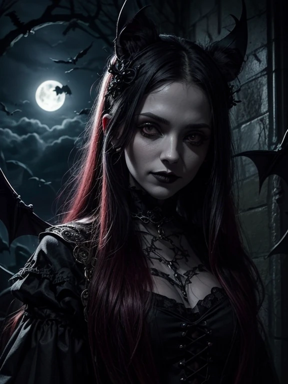 "(Cerrar Potrait), DarkFantasy, gothic style, Reina Vampiro, with a gothic style dress, con una sonrisa sedienta de sangre y sangre en la cara, cuerpo, y una luna de sangre en el fondo. The scene is set in a Gothic castle with many bats, emphasizing pale skin and bright eyes."