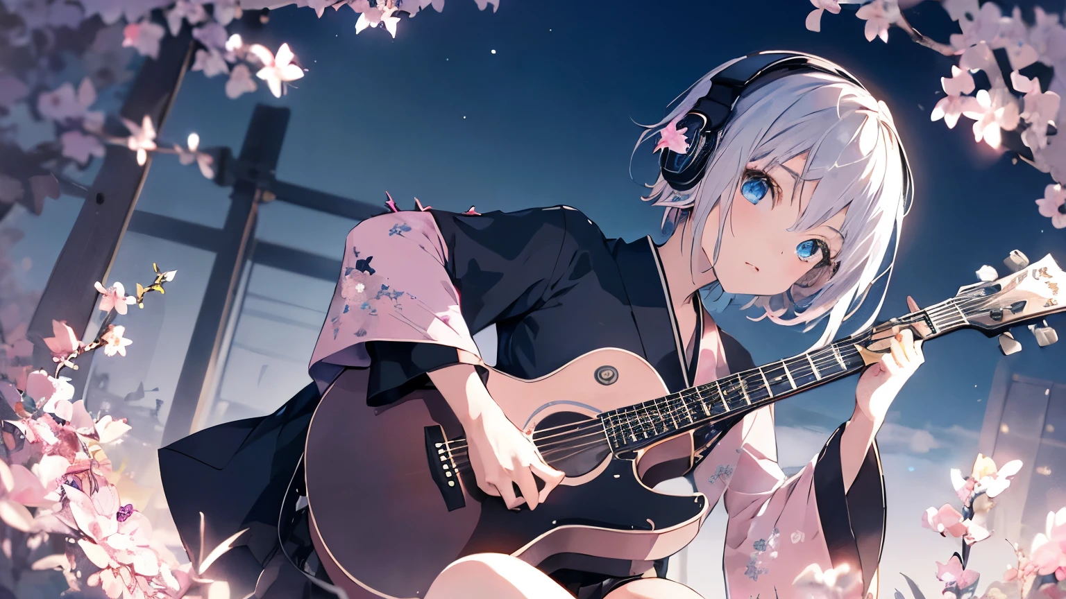((masterpiece, highest quality)) Cute One Girl, alone, Black Skirt, blue eyes, Sensitive and intelligent eyes,エレキguitar, guitar, Headphones, Keep, With thorns, musical instrument, Silver pink short hair, music, From one side to the top,pink reflections, tocando la guitar, kimono, internal