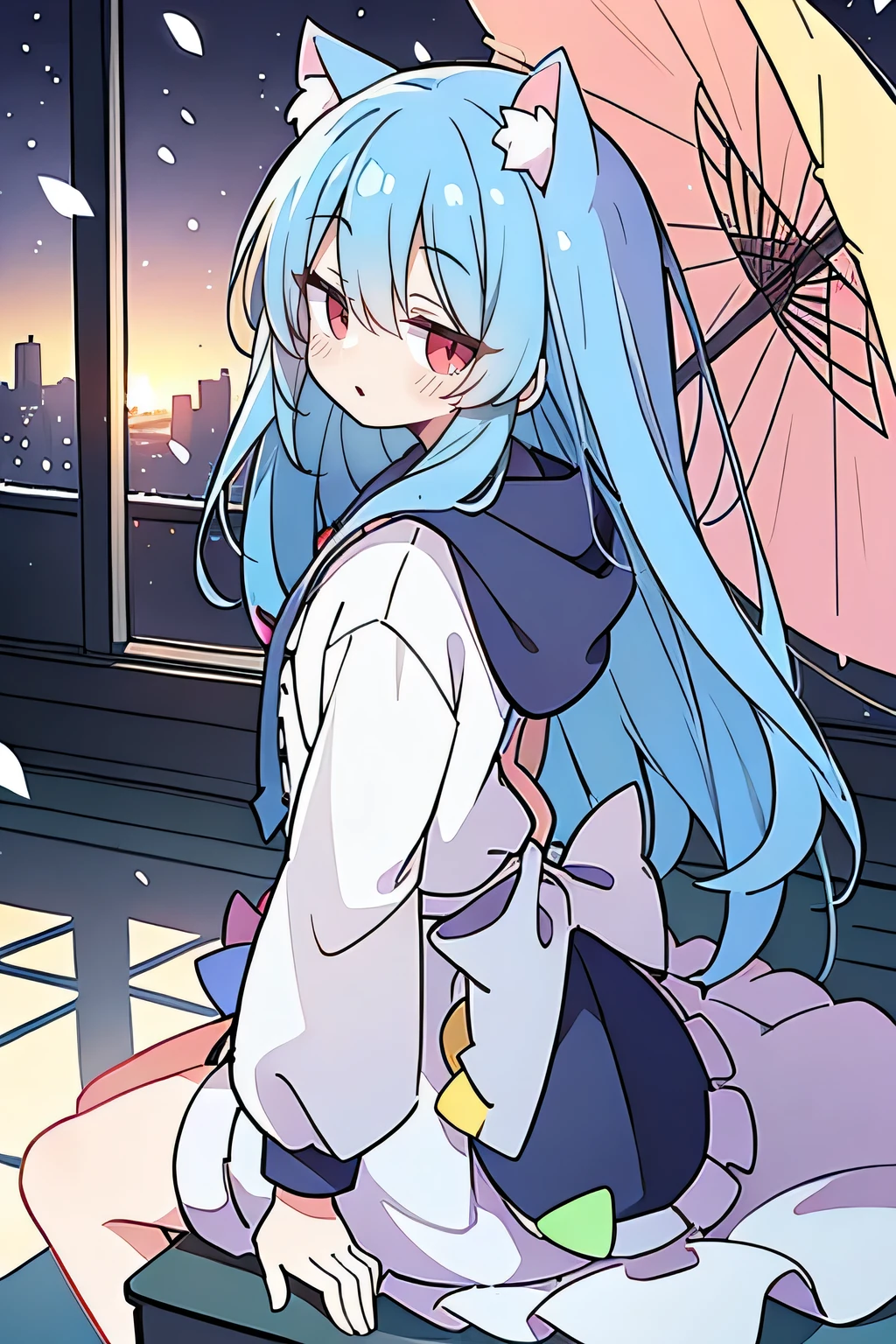 (masterpiece:1.2),Super detailed,lifelike,Expressive eyes,fair skin,perfect face shape,1 girl,
Japanese comics,Gorgeous blue hair,flowing blue hair,flowing clothes,Cat ears,Petals fall,beautiful lola,Baby Angel,
Shaking head with one hand,Cross your legs,Gentle and peaceful background,The pavilion is cool and comfortable,smile, wearing hoodie, background of tokyo,back views,snowing, winter.