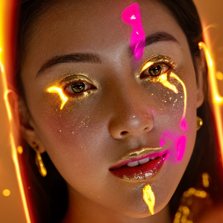 black and white raw photo, close up of a woman's surrounded by a string of lights, glowing face, glowing pink face, glowing from within, gold glow, glowing golden aura, glowing amber, she has a glow coming from her, gold ethereal light, light falling on face, ethereal glow, glowing aesthetic, glowing details, glowing magical shiny skin, glowing with magic, made of glowing oil, glowing
