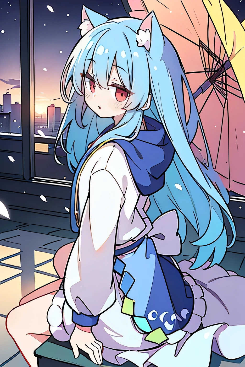 (masterpiece:1.2),Super detailed,lifelike,Expressive eyes,fair skin,perfect face shape,1 girl,
Japanese comics,Gorgeous blue hair,flowing blue hair,flowing clothes,Cat ears,Petals fall,beautiful lola,Baby Angel,
Shaking head with one hand,Cross your legs,Gentle and peaceful background,The pavilion is cool and comfortable,smile, wearing hoodie, background of tokyo,back views,snowing, winter.