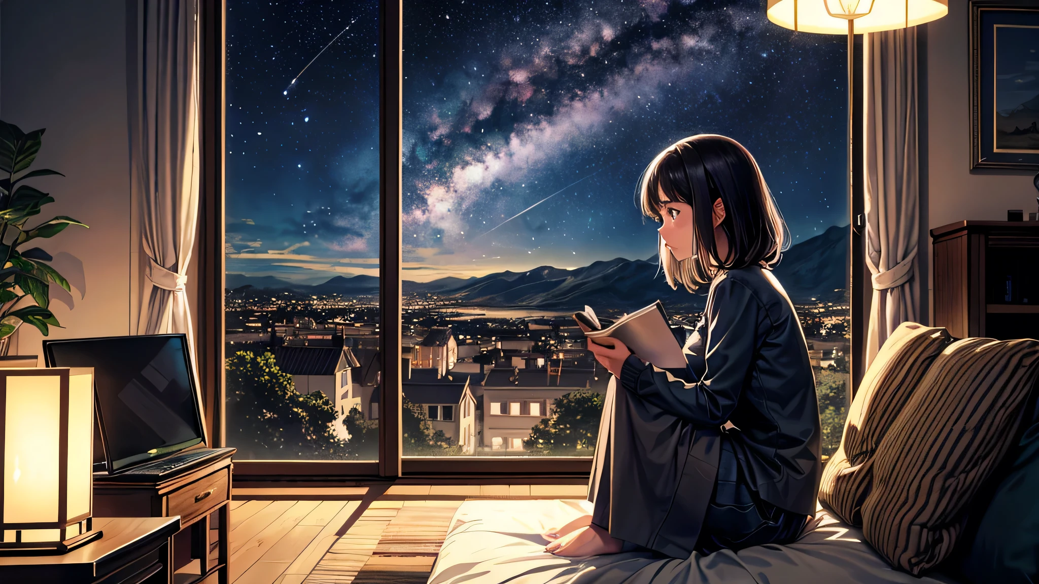 alone, Singular light, woman, face seen from the side, sideways, cosmic, fantsy, looking away:1.4, adult, busty, Ghibli-like design, living room, sitting, dark hair, studying, Completely, landscape orientation, side view, music